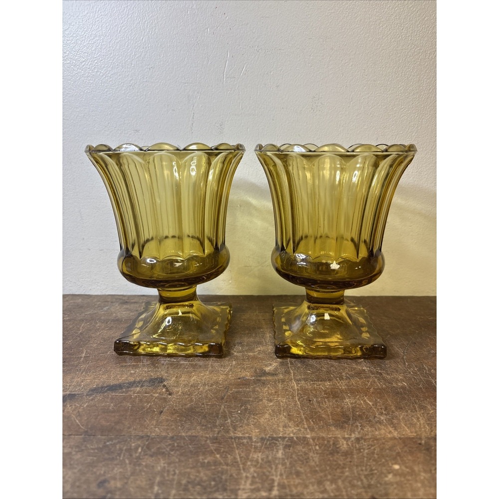 Vintage Amber Glass Pedestal Urn Votive Candle Holders Scalloped Rim Pair 6"